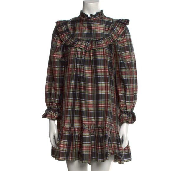 NWT DÔEN Bromley Silk Tent Dress Plaid Ruffle Babydoll Mini Size XS - Picture 6 of 8